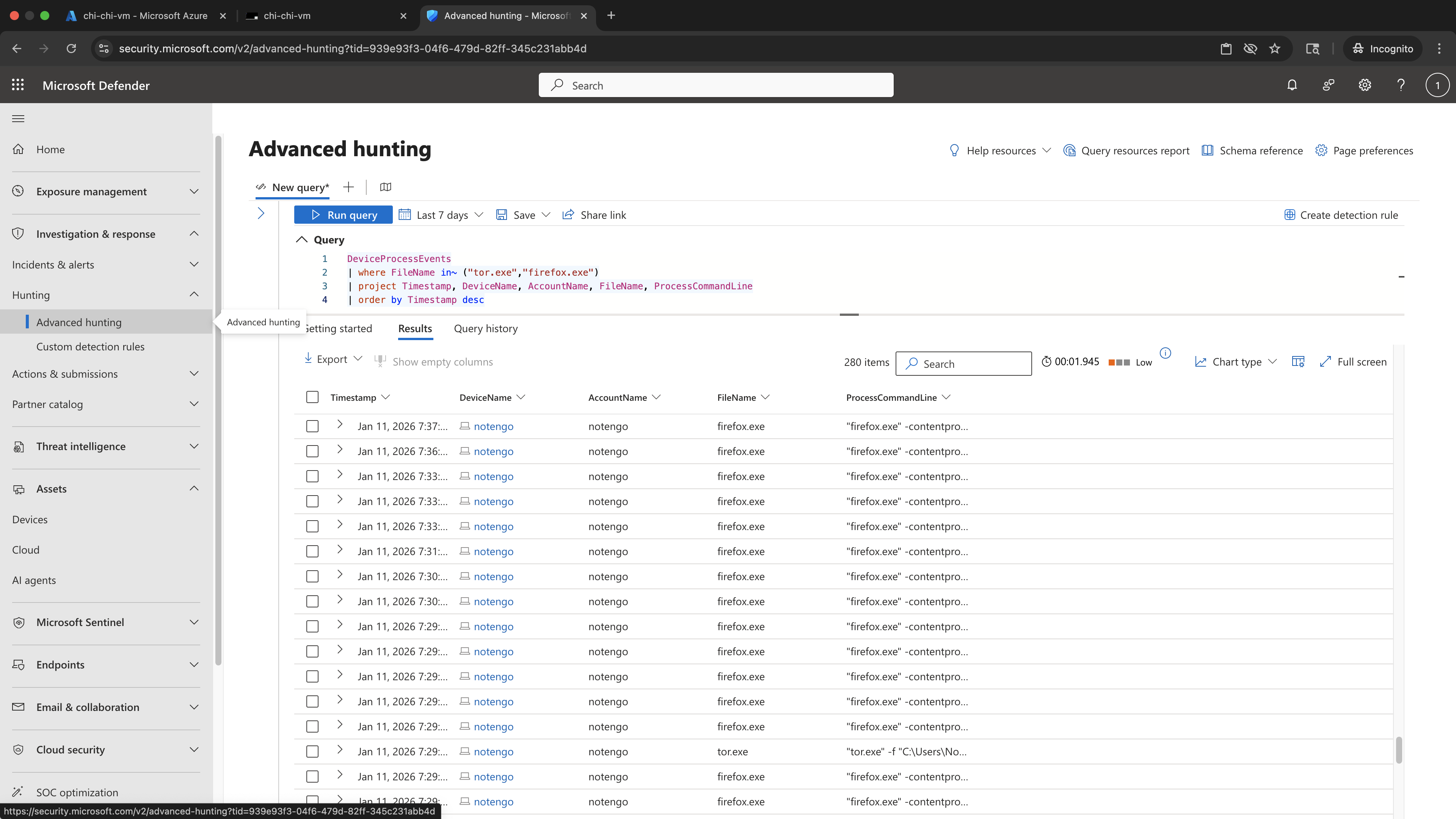 KQL results - TOR launch
