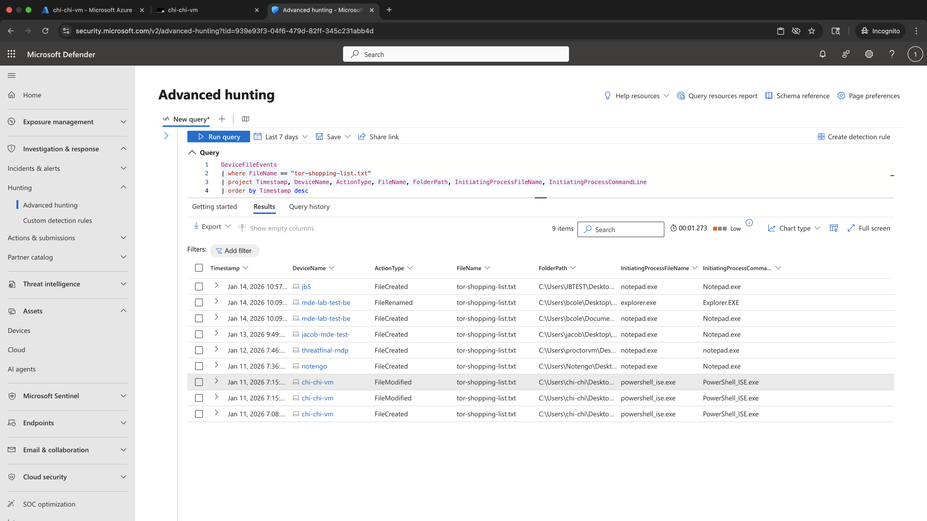 KQL results - shopping list file events